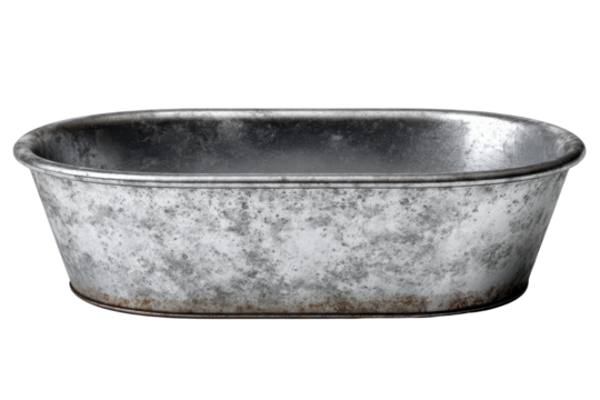 Vintage Metal Basin: A weathered, antique metal basin, its textured surface showcasing a story of time and utility, set against a simple backdrop. 