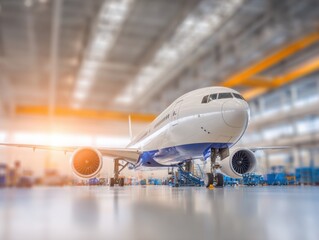 Jet Plane in Hangar: A sleek jet plane is situated inside a vast hangar. It's a scene of precision and maintenance. The bright, natural light illuminates the aircraft, revealing its intricate details.