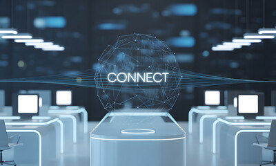 Futuristic Office with Holographic 'CONNECT' Globe: Global Network and Digital Technology