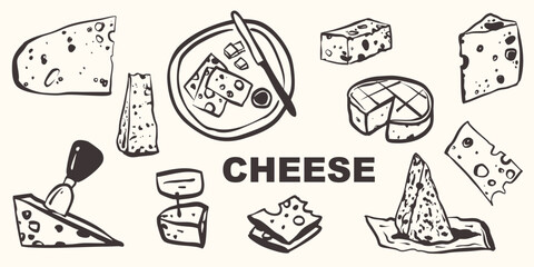 Fototapeta premium Hand drawn whimsical cheese olives food party collection. Romantic vector illustration menu decoration. Cafe restaurant icons doodle graphic sketch set.