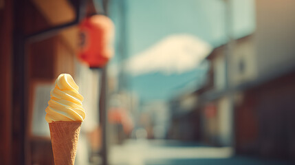 A close-up of a vibrant, creamy ice cream cone shows the smooth texture catching the glow of soft daylight. The blurred background reveals a narrow street with traditional Japanese design elements,