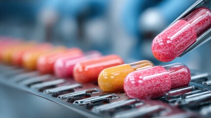 Pills Production: A line of colorful pills on production line, suggesting precision and dedication to drug manufacturing.