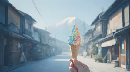 A single hand presents an intricately swirled ice cream cone, radiant in color, as the surroundings fade into a peaceful Japanese village street lined with aged architecture. Far in the background,