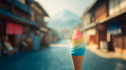 A vividly colored ice cream cone, swirled to perfection, is held close to the lens with soft daylight highlighting its texture. The background blurs into a peaceful Japanese street with traditional