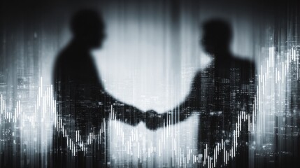 Business Handshake silhouette: A dynamic silhouette encapsulates a powerful business deal, with two figures shaking hands against a backdrop of data visualization, portraying collaboration.