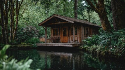 Fototapeta premium Rustic cabin nestled in a lush forest pond