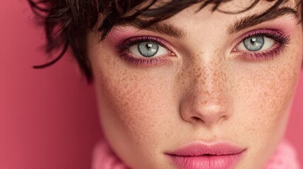 A close-up portrait captures the ethereal beauty of a woman's face. Her captivating features and serene expression exude an aura of tranquility and timelessness.
