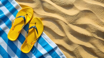 Bright yellow flip flops resting on a striped beach towel on sandy shore