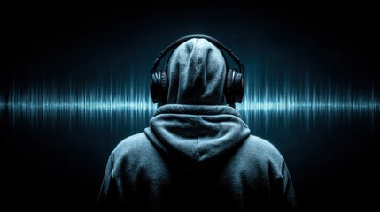 Audio immersion: A silhouette of an individual with headphones merges seamlessly with sound waves, encapsulating the immersive auditory experience, suggesting the power and depth of music and sound.