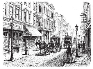 Detailed vintage street scene engraving for whiskey packaging traditional distillery branding and nostalgic bottle design © Gabut Stock