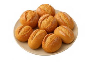 Golden brown bread rolls arranged on a plate, showcasing their crusty texture and artisanal quality, with a transparent background
