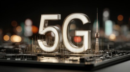 5G Technology on Integrated Circuit Board: A close-up shot depicts the 5G symbol above an integrated circuit board, enhanced by a cityscape silhouette and an illuminated data network grid.