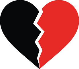 Half Black and Half Red Broken Heart Flat Icon &ndash; Dual Tone Heartbreak Vector