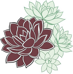 Stylized illustration of a cluster of succulent plants with a prominent dark red flower and lighter green foliage isolated on transparent background