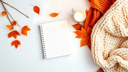 A comforting top-down arrangement for autumn, featuring a soft knitted scarf, an open notebook, scattered orange fall leaves, a branch, and a mug of warm milk,