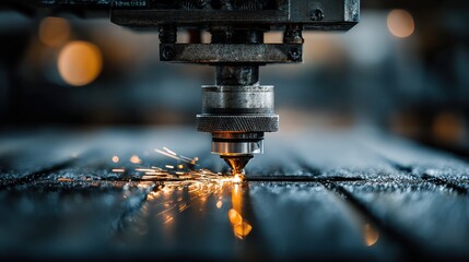 Industrial Precision: A close-up shot captures the intense precision of a laser cutter in action, creating sparks as it shapes metal. 