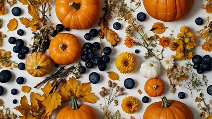 A delightful top-down view of an autumn harvest arrangement, featuring an assortment of pumpkins, vibrant white daisies, scattered blueberries, and small pinecones