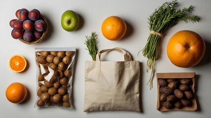 A flat lay of various fresh produce including plums, oranges, potatoes, rosemary, and an apple
