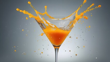 A high-speed photograph capturing a dramatic splash of vibrant orange liquid bursting from a martini glass