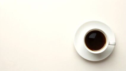 a minimalist flat lay image with a single coffee cup and a plain background, the cup should be placed on the right side of the image