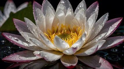 A stunning close-up of a vibrant pink lotus flower, its petals adorned with delicate water droplets