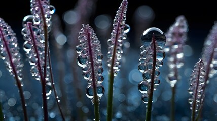 A captivating macro shot of slender purple plant stems adorned with numerous perfectly formed, crystal-clear water droplets
