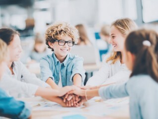 Fototapeta premium Team Spirit: A group of young students joins hands together in a show of unity and camaraderie, embodying the essence of cooperation and shared purpose in a learning setting. 
