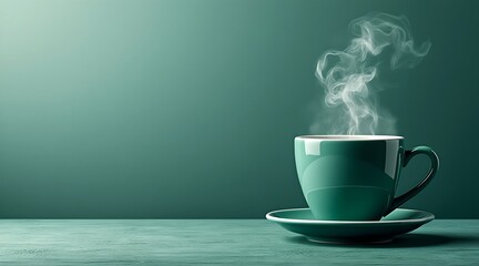 emerald tones   coffee cup steam rising create a minimalistic flat lay image with emerald tones featuring a coffee cup with steam rising from its surf