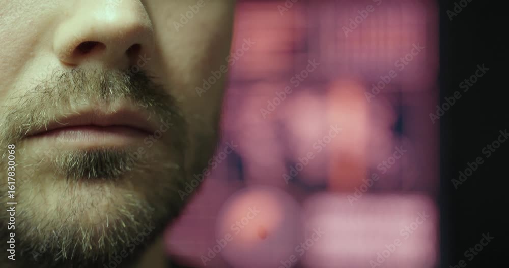 Poster a man speaks seriously while ai-generated data and visuals glow behind him—symbolizing communication