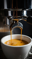 Close-up shot of rich espresso being brewed from a machine into a white cup, showcasing thick crema and deep color.