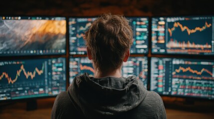  A focused individual, deeply engrossed in analyzing intricate market data, observes the dynamic fluctuations displayed across a multitude of screens.