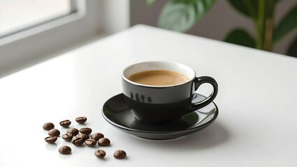 a minimalist image of a sleek coffee cup placed on a white background in a flat lay position