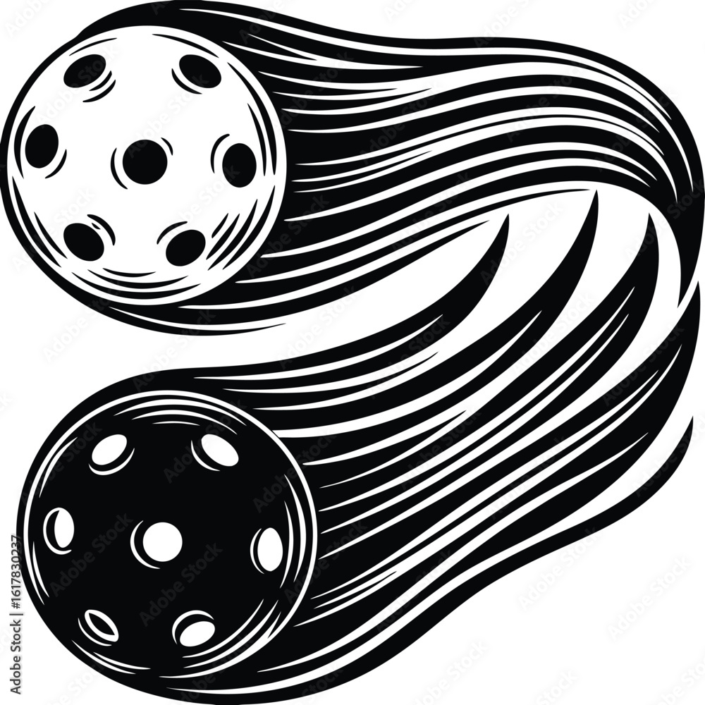 Poster dynamic black and white graphic of two pickleballs in motion with streaking lines isolated on transp