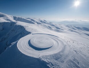 High-angle, snow-covered mountain spiral