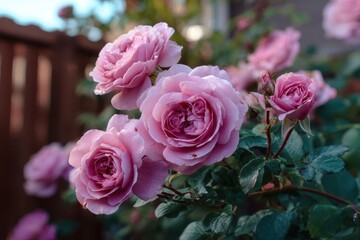 Pink roses in full bloom grow among dark green foliage. Use it for your garden, floral, and spring design projects.