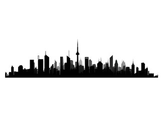 Silhouette of a city skyline at night.  Dark silhouettes of skyscrapers and buildings against a black background.  A horizontal, graphic view of the urban landscape