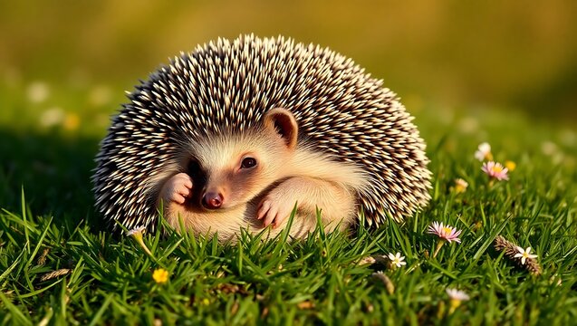 A curled up hedgehog in green grass with small flowers and a blurred green and yellow background - Powered by Adobe