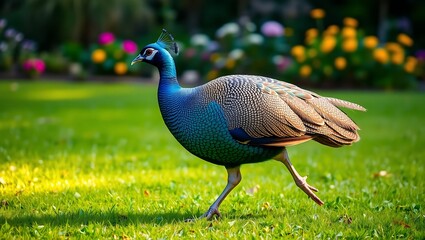 Obraz premium A peacock walking on green grass in a garden with flowers in the background during the daytime outdoors