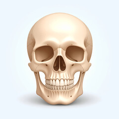 Anatomically correct human skull illustration on a light background. A scientific and medical visual representing human anatomy and mortality.