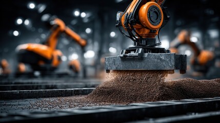 Automated Precision: A close-up shot of an industrial robot arm performing a task in a modern factory, with other arms visible in the background.