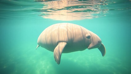Naklejka premium A manatee swimming gracefully underwater in clear turquoise water near the surface of the ocean