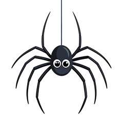 A cute black cartoon spider with big eyes hanging from a thread. A friendly arachnid character illustration isolated on a white background.