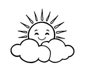 black and white illustration of a happy sun behind two clouds