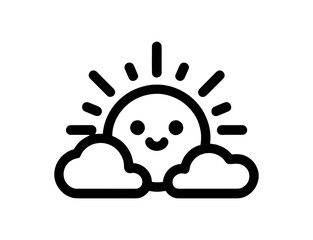 A simple black line drawing of a sun with a happy face and two clouds
