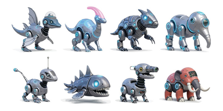 Glowing robotic dino-like creatures with neon eyes and steel skin floating on clean surface, unique cute 3D figures spaced apart in horizontal rows