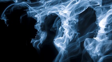 multiple ghostly silhouettes intertwined with flowing smoke and luminous strings, abstract symbolism of shared dreams and collective consciousness, artistic photography style, 