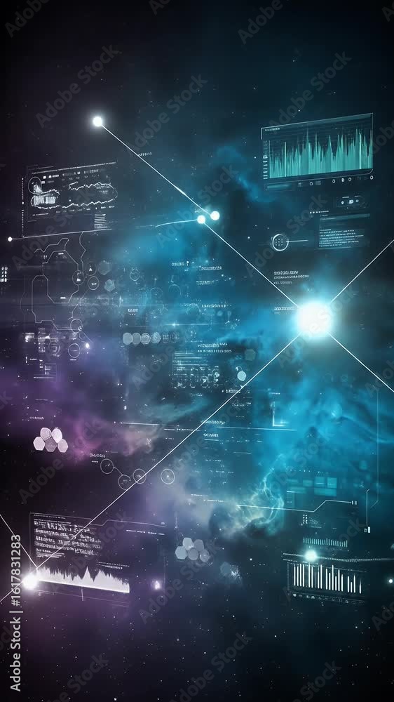 Poster abstract cosmic data visualization in blue and purple nebula background