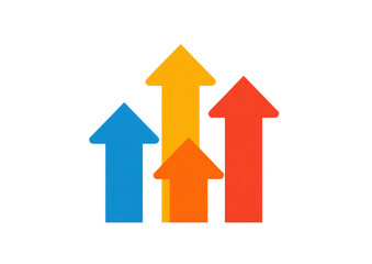 Three overlapping, ascending arrows in vibrant, slightly pixelated colors (orange, red, blue) against a black background.  Each arrow points upward, suggesting growth or progress