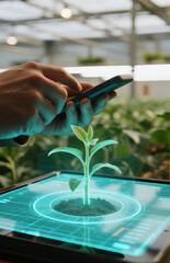 close up of farmer's hand using smartphone to analyze new shoot growth with hologram table plan appearing on screen which displays information about shoot growth in greenhouse