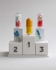 Colorful pills placed on podium ranking for medical concept.  Creative medicine composition with capsules arranged as competition winners